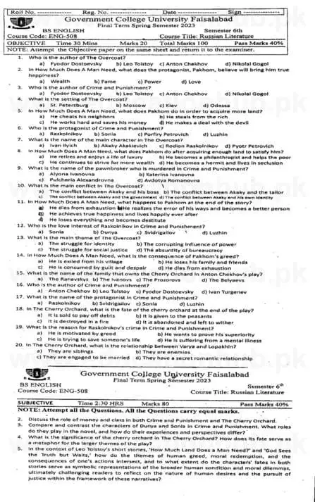 ENG-508 Russian Literature BS English GCUF Past papers 2023 Kasur