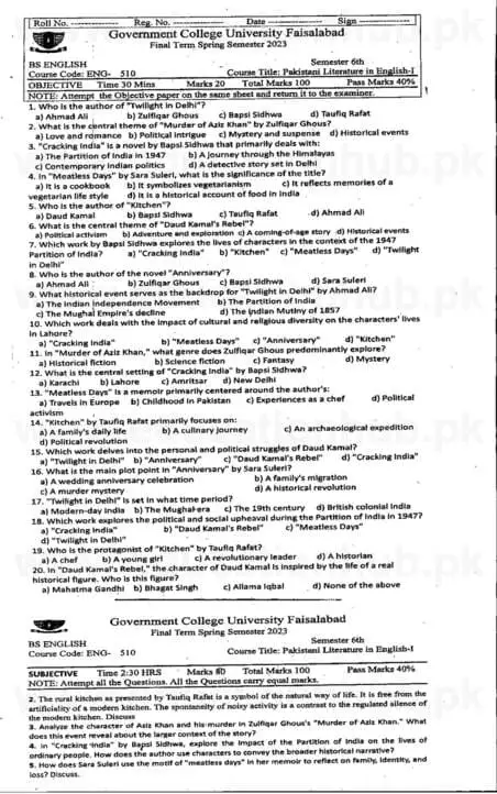 ENG-510 Pakistani Literature in English BS English GCUF Past papers 2023 Kasur