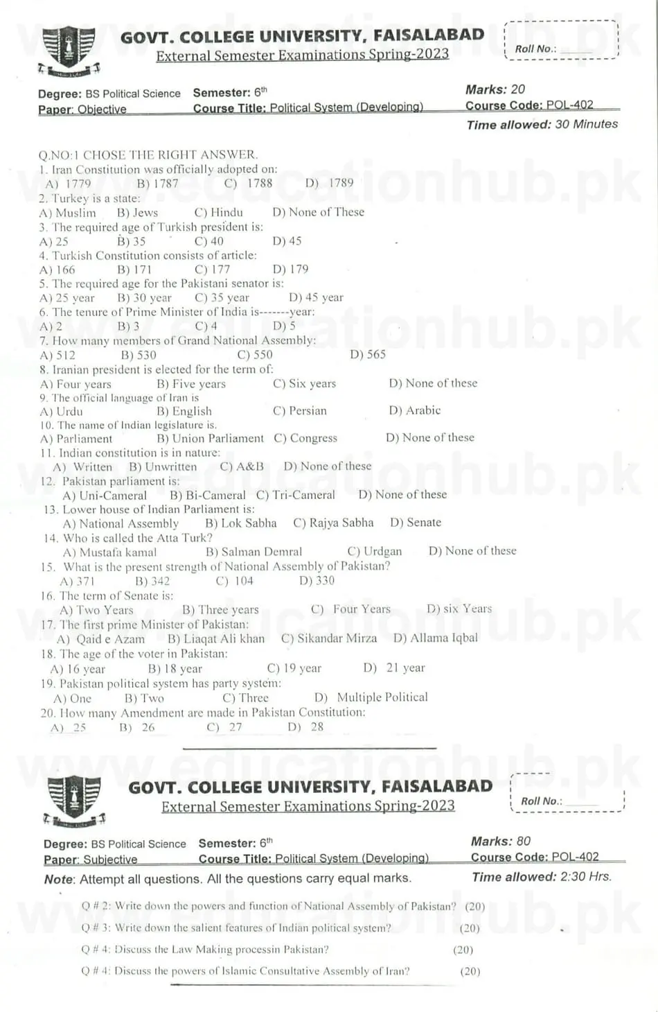 POL-402 Political System BS Pol Science GCUF Past Papers 2023