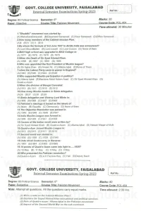 POL-404 Pakistan Movement BS Pol Science GCUF Past Papers 2023