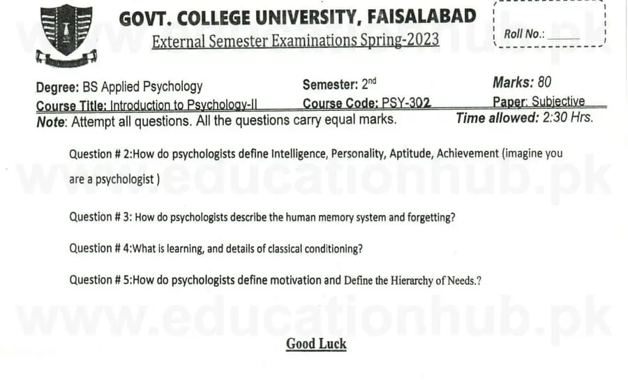 PSY-302 Introduction to Psychology II BS Psychology GCUF Past Papers 2023