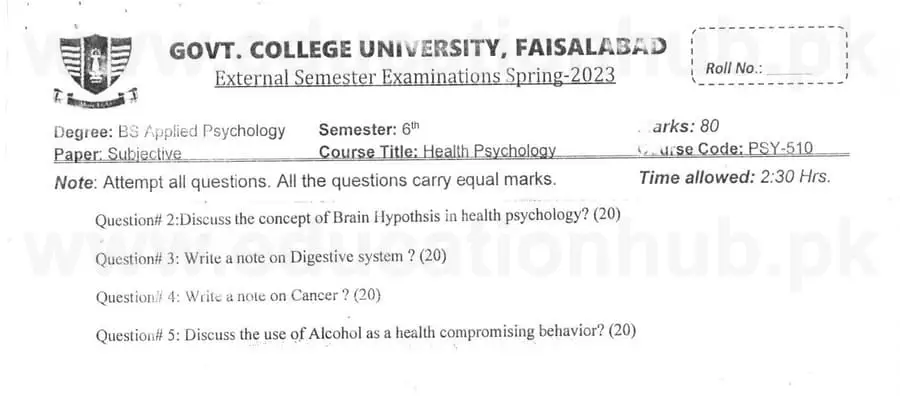 PSY-510 Health Psychology II BS Psychology GCUF Past Papers 2023