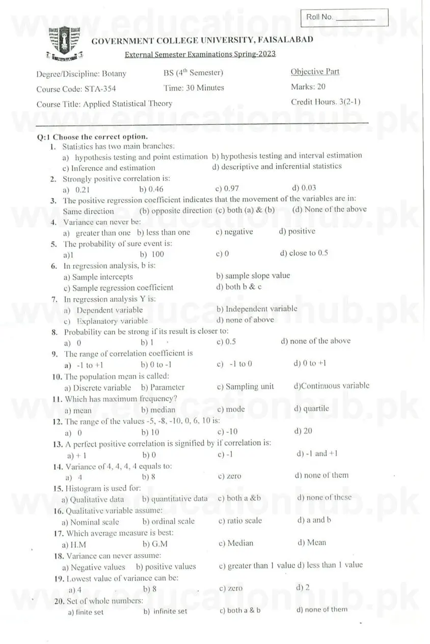 STA-354 Applied Statistical Theory BS Botany GCUF Past Papers 2023