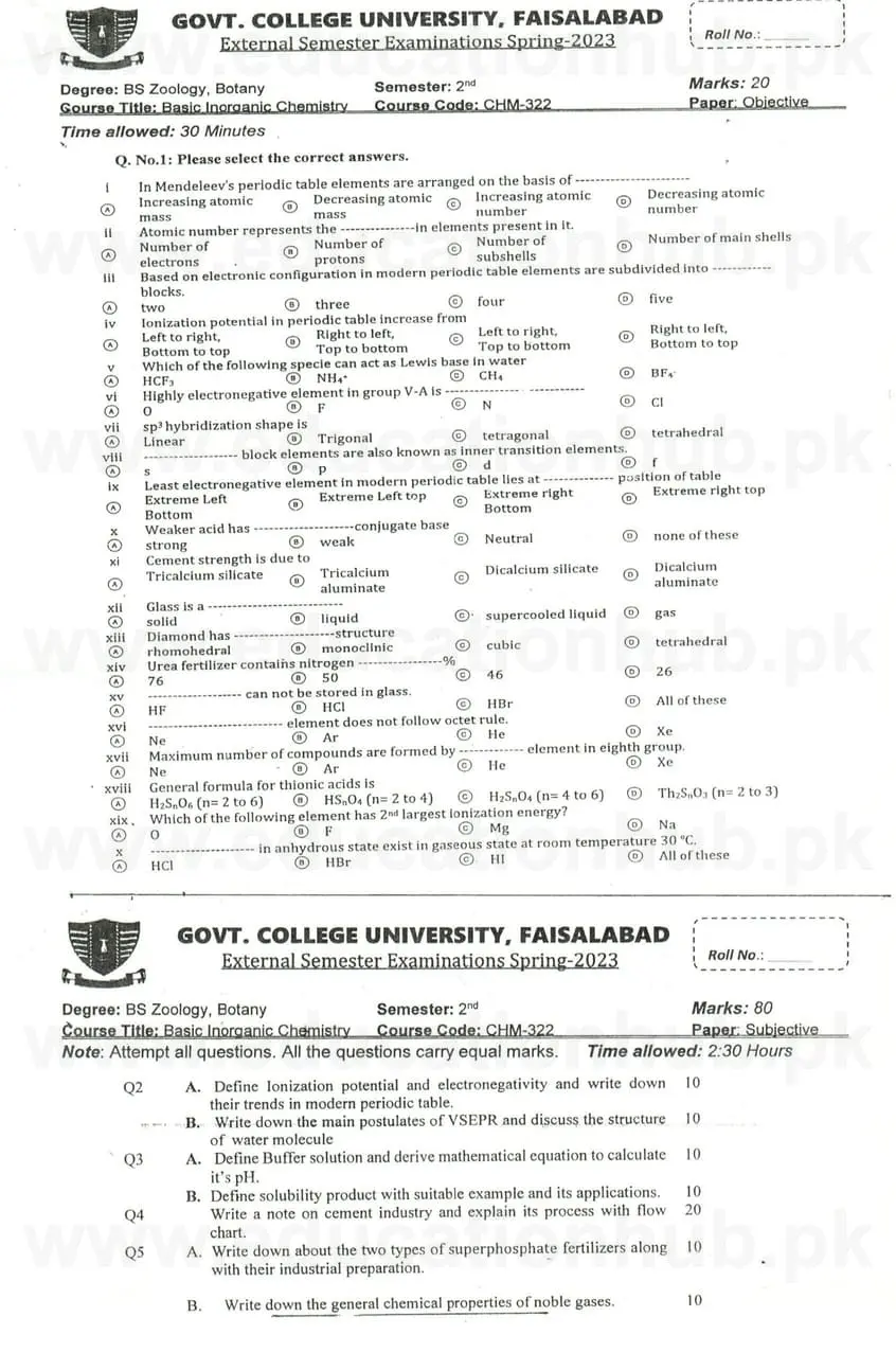 chm-322 Basic Inorganic Chemistry BS Botany GCUF Past Papers 2023