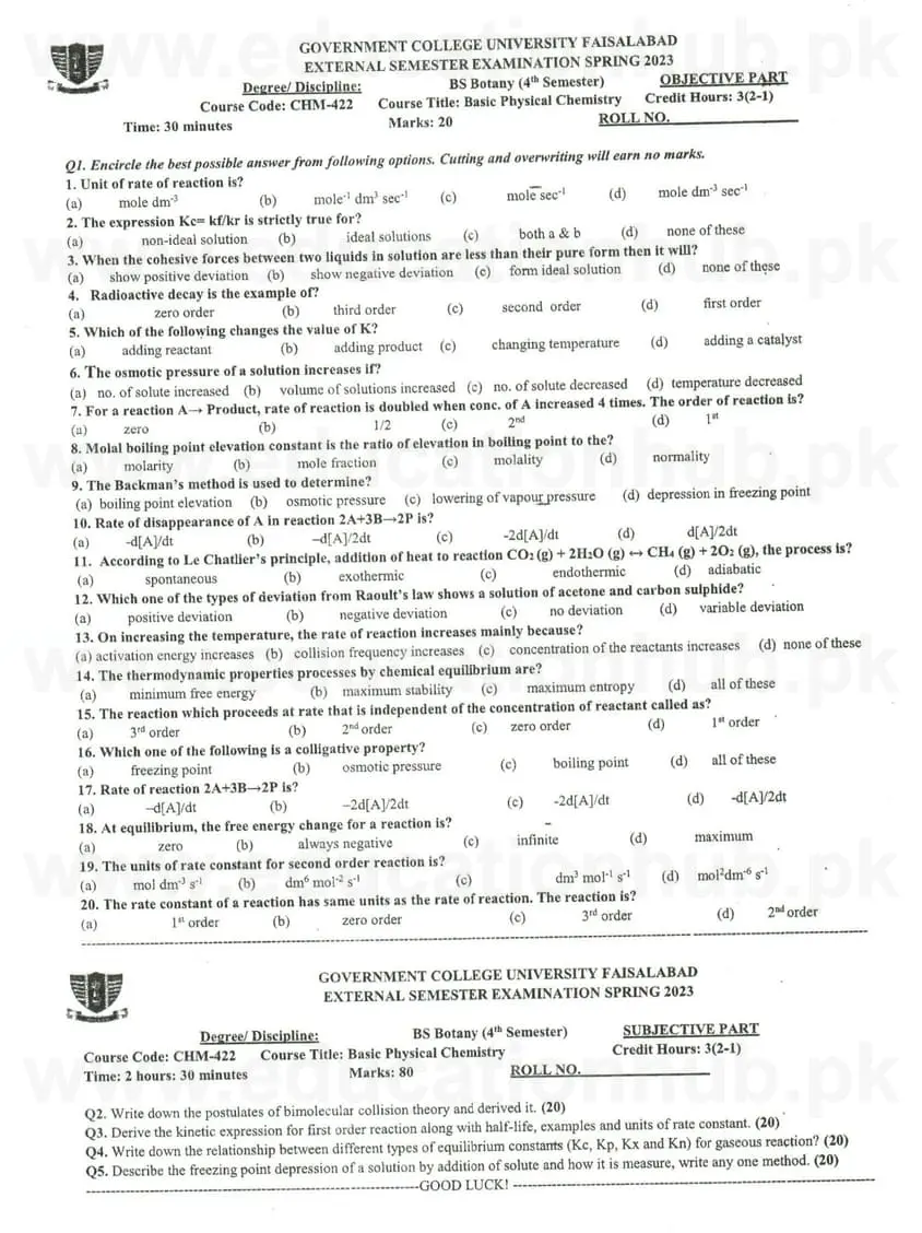 chm-422 basic physical chemistry BS Botany GCUF Past Papers 2023