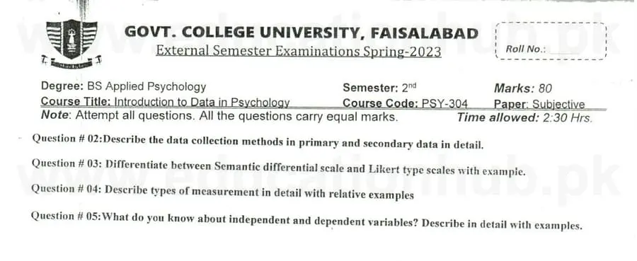 psy-304 Introduction to data in Psychology BS Psychology GCUF Past Papers 2023