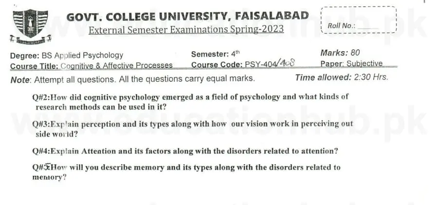 psy-404 - 408 Cognative and Effective Processes BS Psychology GCUF Past Papers 2023 (2)