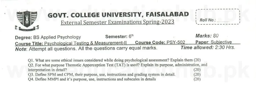 psy-502 Psychological Testing and Measurement II BS Psychology GCUF Past Papers 2023-2