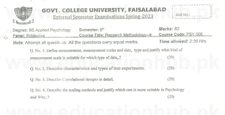 psy-506 Research Methodology II BS Psychology GCUF Past Papers 2023 (2)