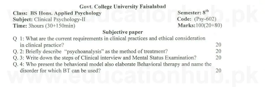 psy-602 Clicnical Psychology BS Psychology GCUF Past Papers 2023