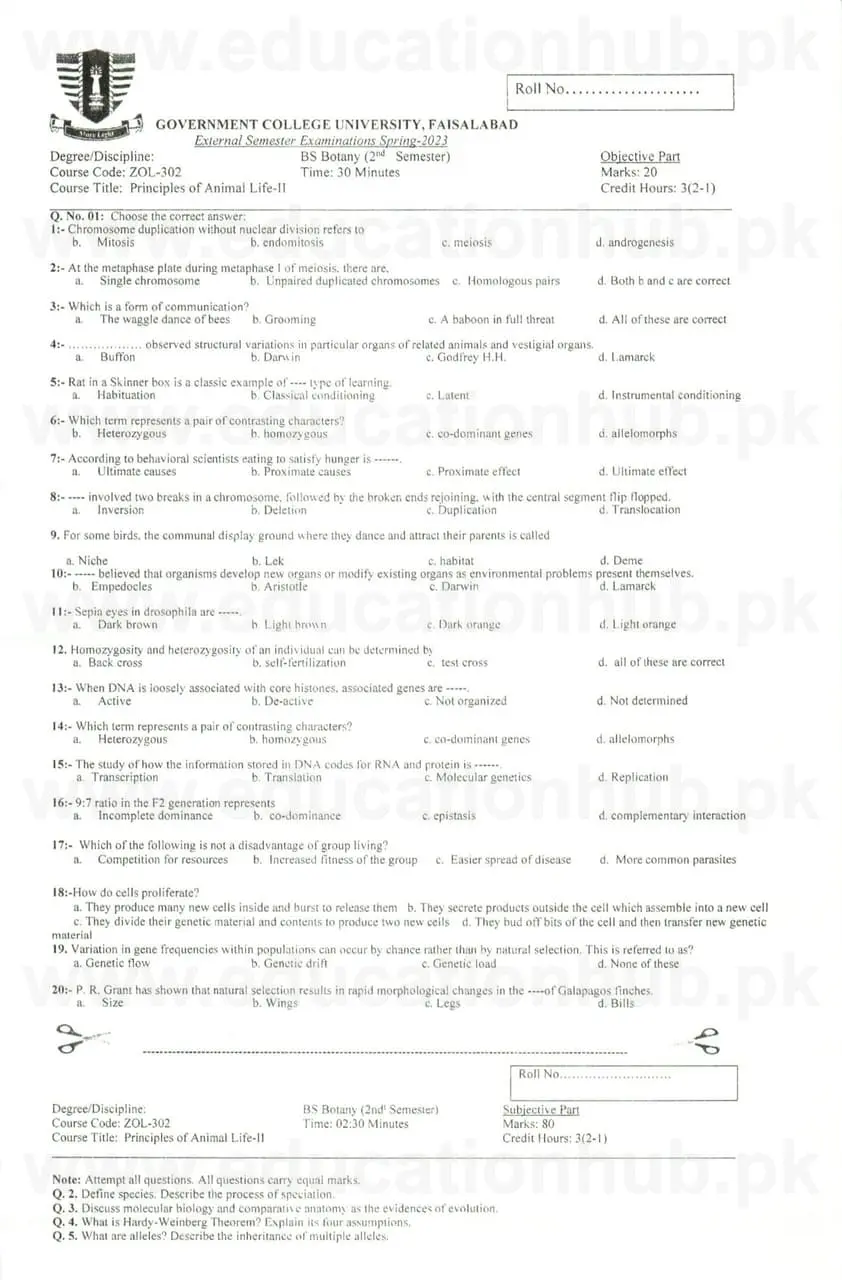 zol-302 Principals of Animal Life II BS Botany GCUF Past Papers 2023