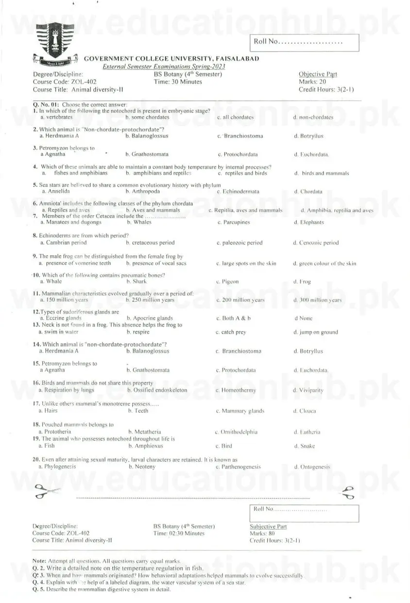 zol-402 Animal Diversity II BS Botany GCUF Past Papers 2023