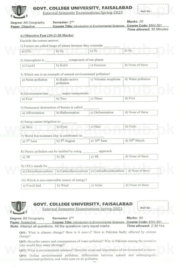 ENV-301 Introduction to Environmental Sciences BS Geography GCUF Past paper 2023 (2)