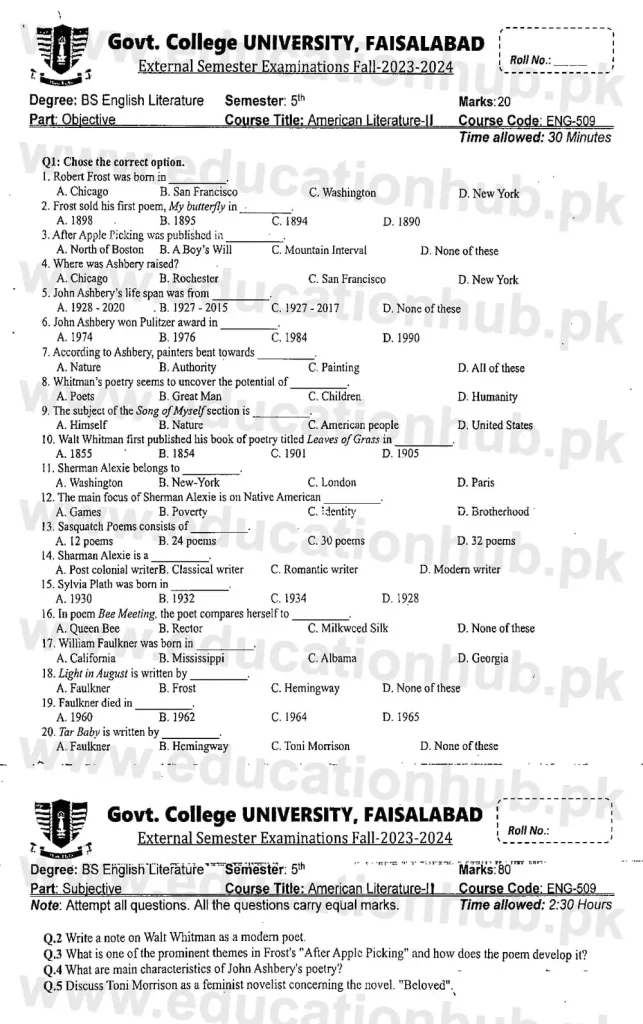 American Literature-II BS English Literature Past Paper 2023