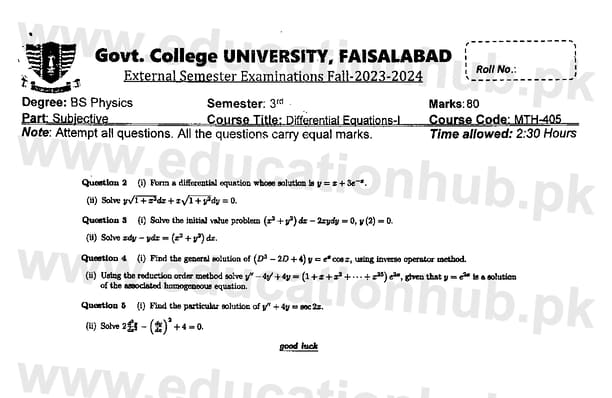 Differential Equations-I BS Physics Past Paper 2023 (2)