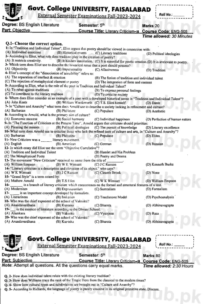 Literary Criticism-II BS English Literature Past Paper 2023