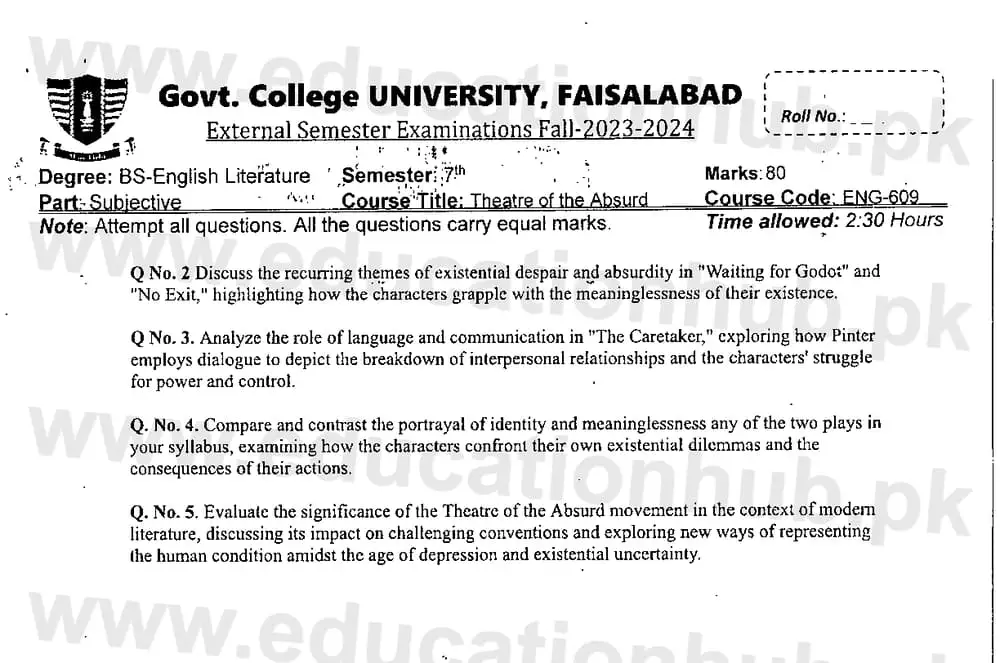 Theatre of the Absurd BS English Literature Past Paper 2023