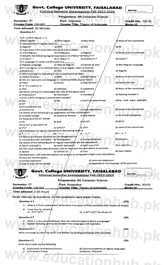 Theory of Automata BS CS Past Paper 2023