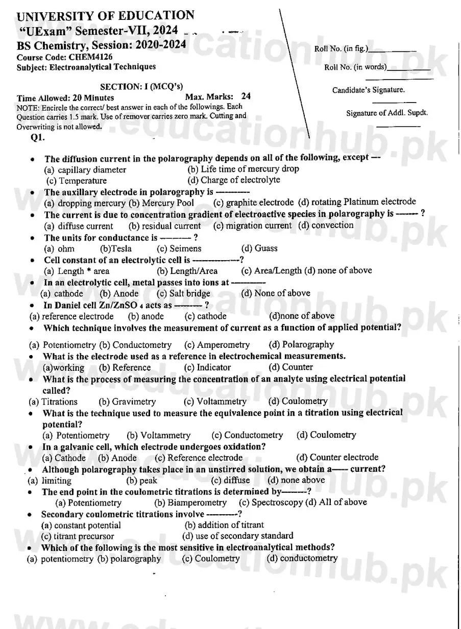 CHEM4126 Electroanalytical Techniques BS Chemistry Education University Past Paper 2024