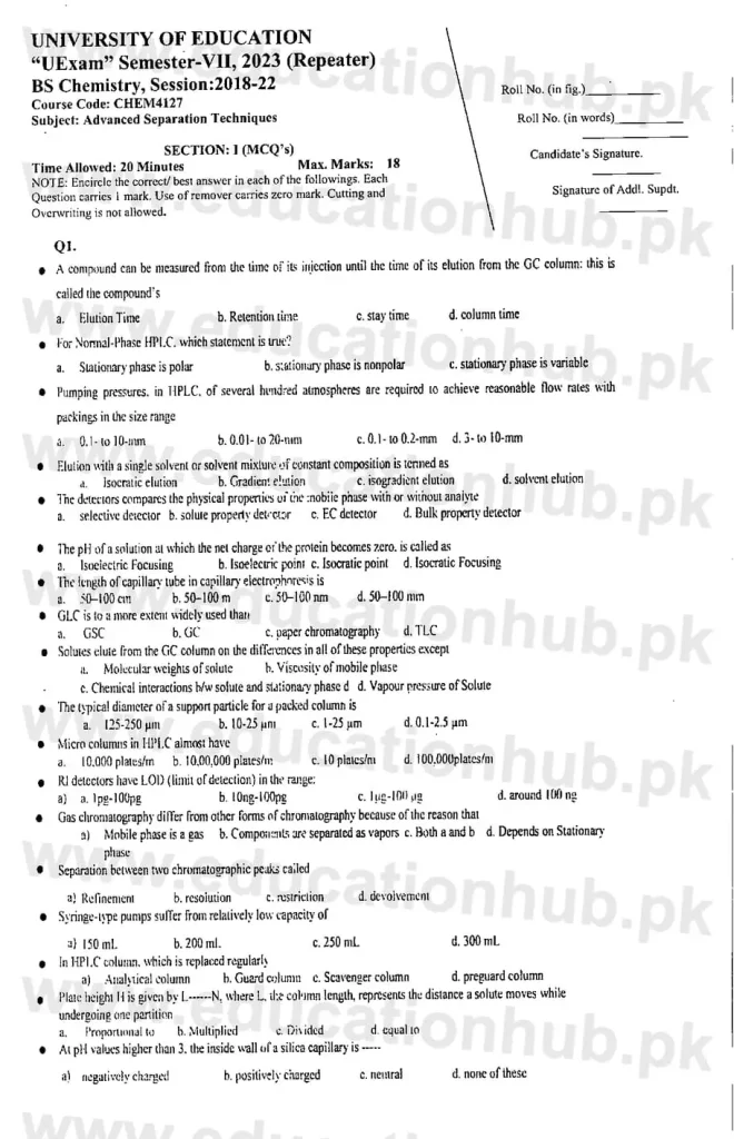 CHEM4127 Advanced Sepration Techniques BS Chemistry Education University Past Paper 2023