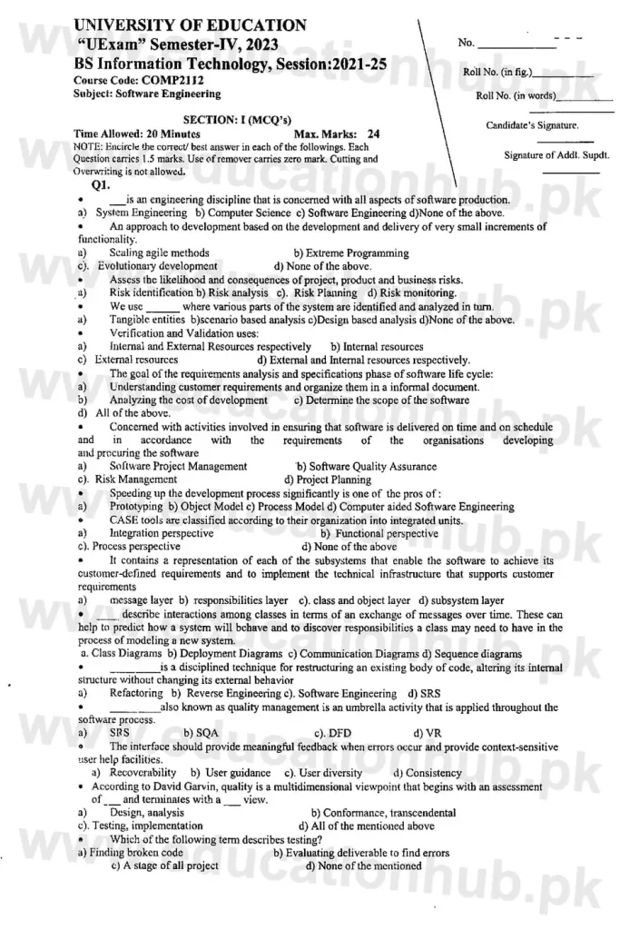 COMP-2112 Softwae Engineering objective BSIT Education Universtiy Semeter-5 Past papers 2023