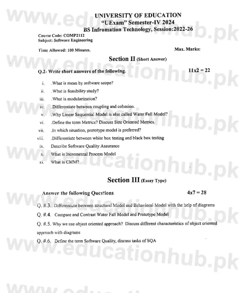 COMP-2112 Software Engineering BSIT UE Past papers 2024