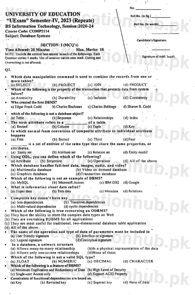COMP-2114 Database Systems Objective BSIT Education Universtiy Past papers 2023