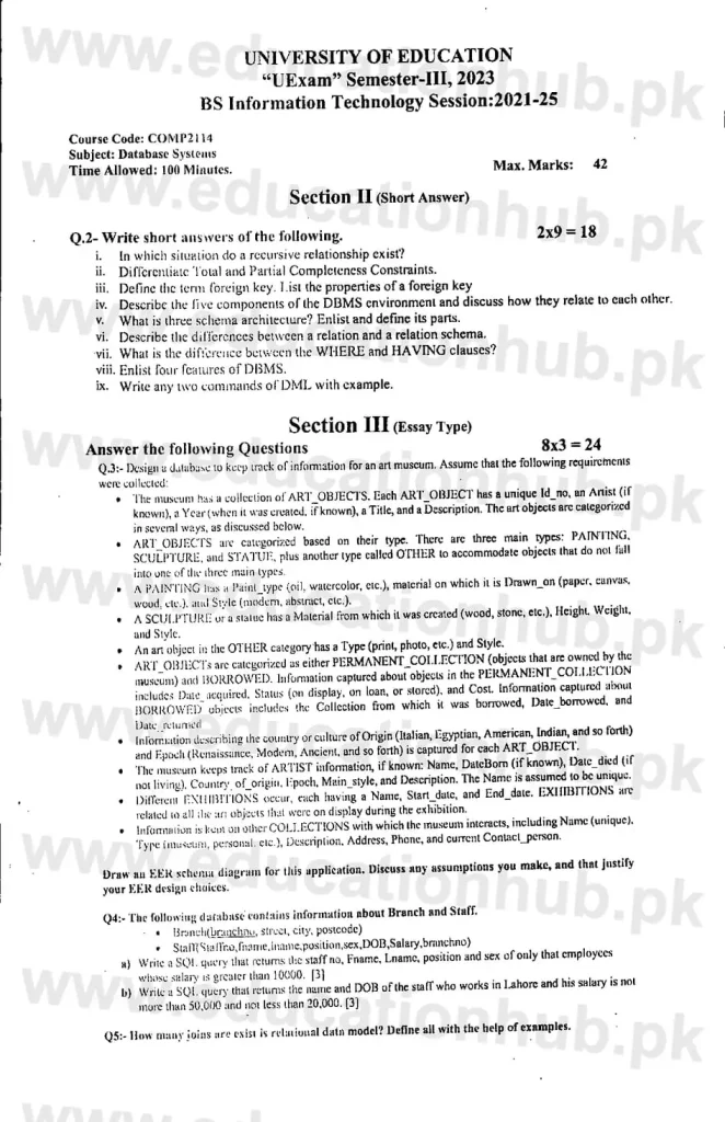 COMP-2114 Database Systems Objective BSIT Education Universtiy Semeter-5 Past papers 2023