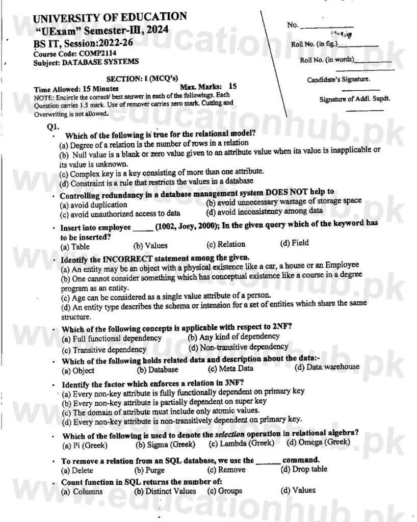 COMP-2114 Database Systems Objective Semester -5 BSIT UE Past papers 2024