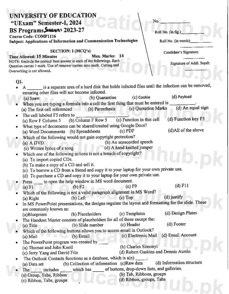 COMP1116 Application of Information and communication Technology All BS Education University Past Paper 2024