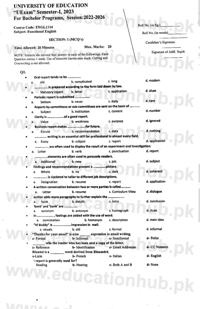 ENGL1114 Functional English All BS Education University Past Paper 2023 (2)