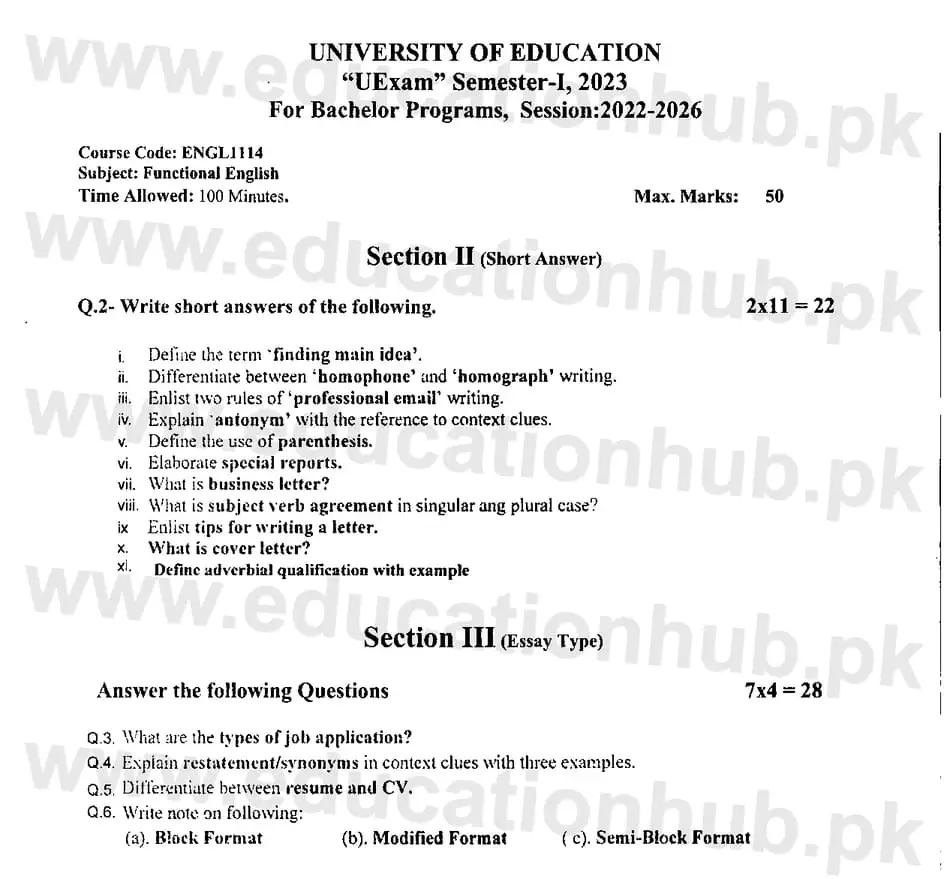 ENGL1114 Functional English All BS Education University Past Paper 2023 (4)