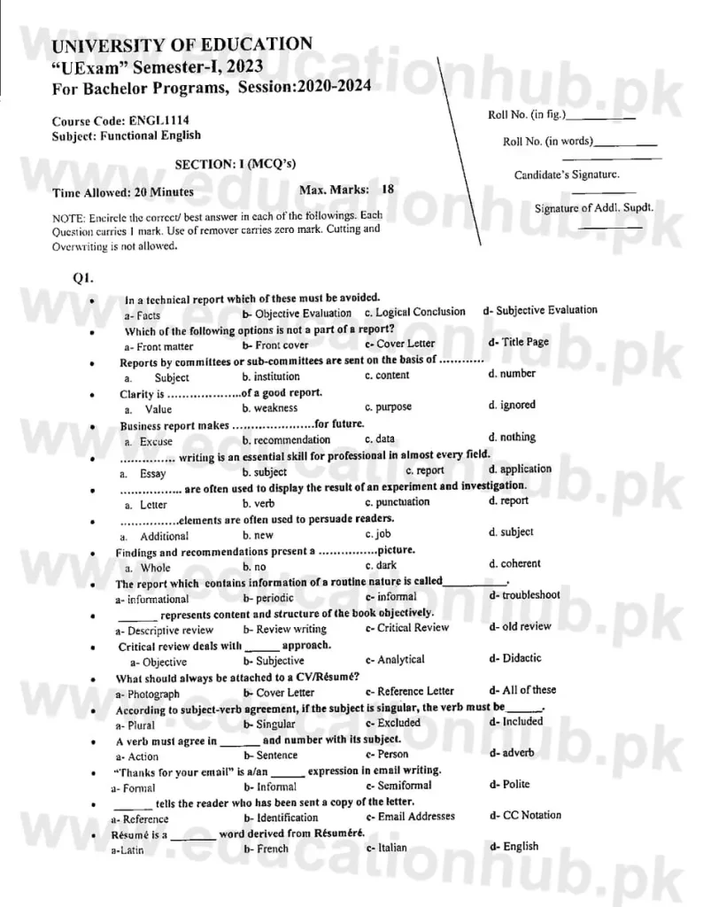 ENGL1114 Functional English All BS Education University Past Paper 2023