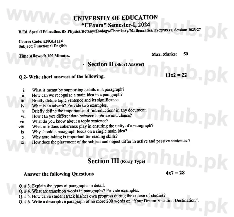 ENGL1114 Functional English All BS Education University Past Paper 2024