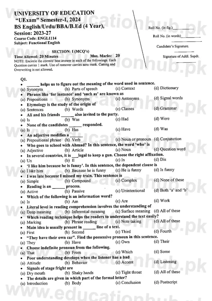 ENGL1114 Functional English BS English Education University Past Paper 2024
