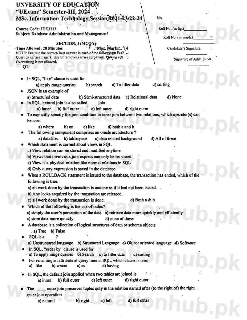 ITEC-3112 DATABASE ADMINISTRATION AND MANAGEMENT BSIT UE Past papers 2024