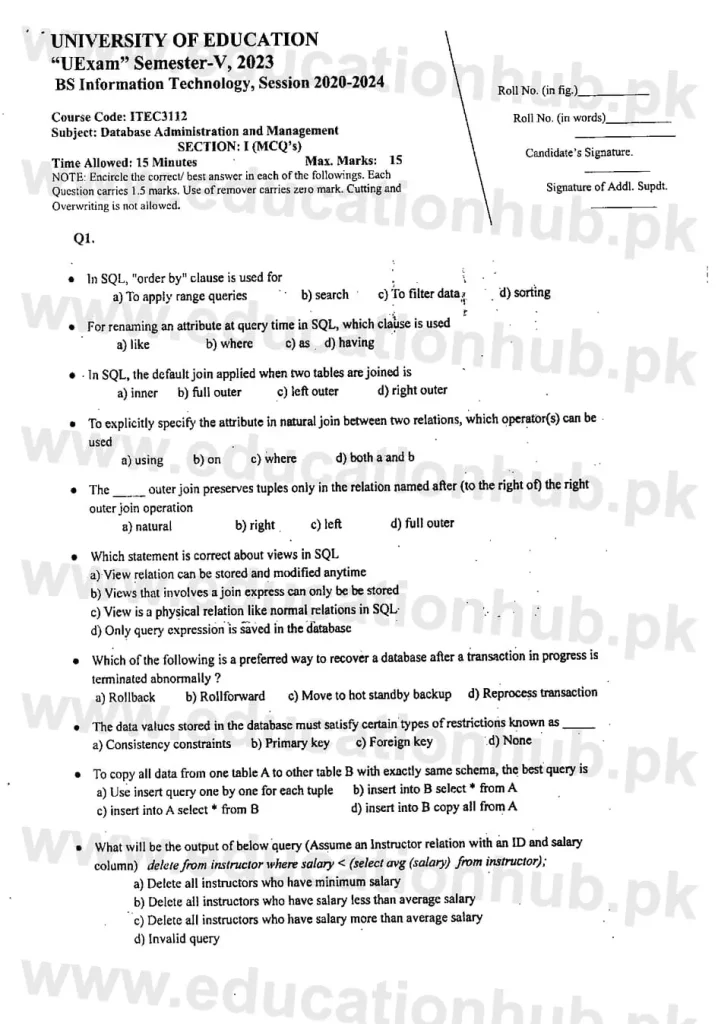 ITEC-3112 DBA Objective BSIT UE Past papers 2023