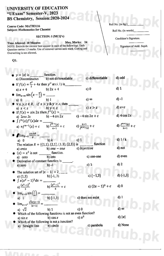 MATH3116 Mathematics for Chemist BS Chemistry Education University Past Paper 2023