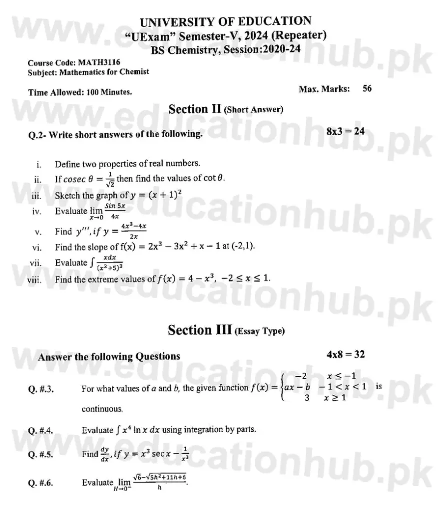 MATH3116 Mathematics for Chemists BS Chemistry Education University Past Paper 2024-Re